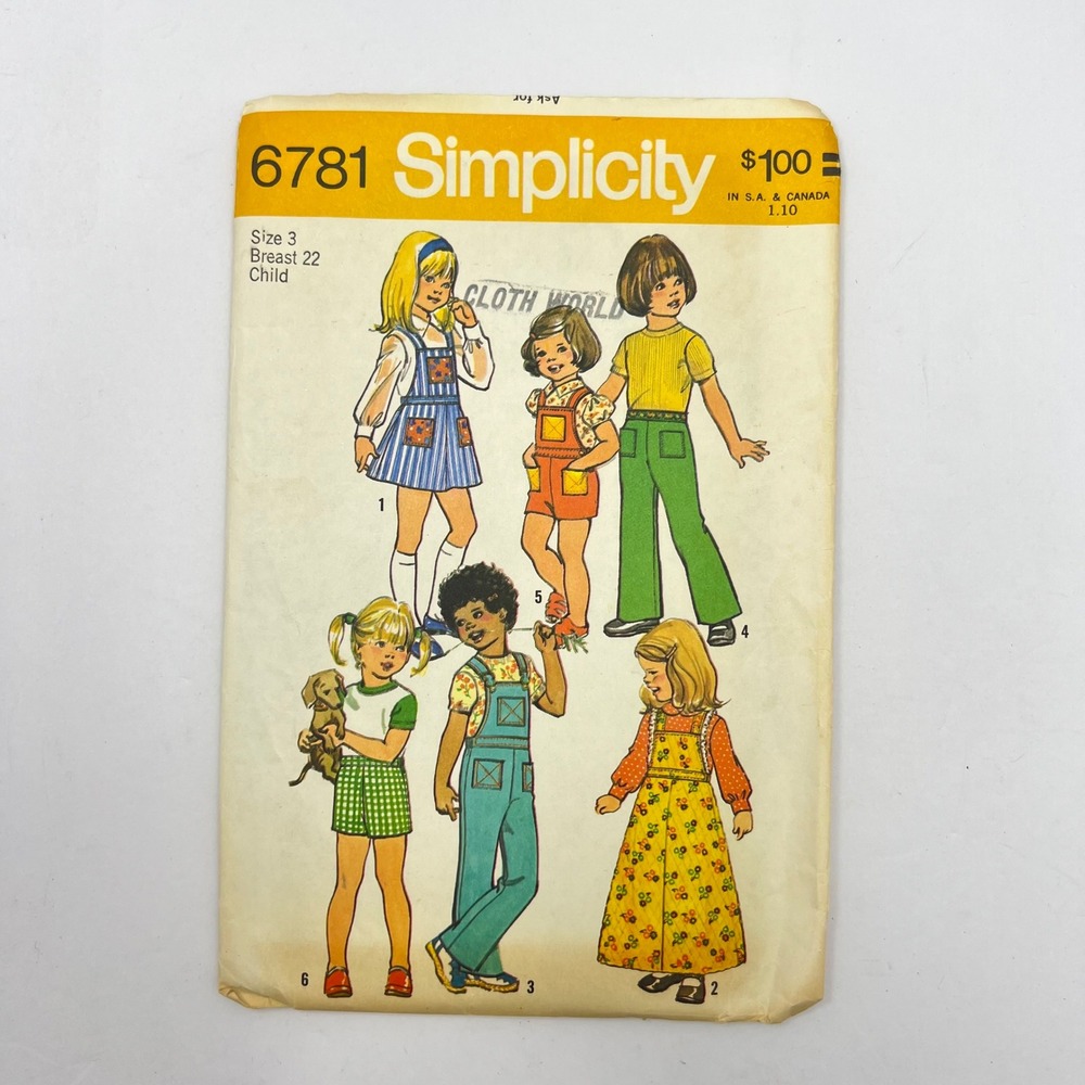 Simplicity 6781 Sewing Pattern Child Size 3 Overalls Skirt Pants 1974 Vintage